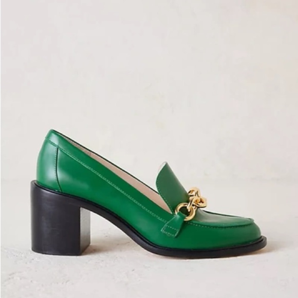 Anthropologie Guilhermina Heeled Loafer | US 7, EUR 38 | Green, gold accent